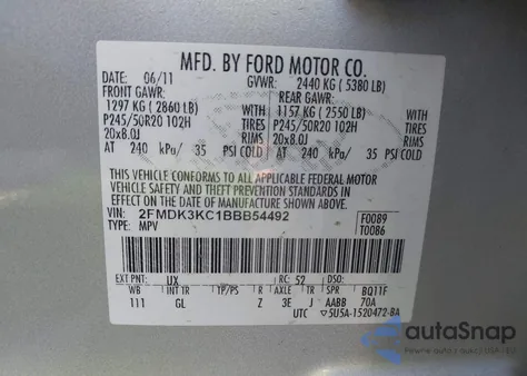 2011 Ford Edge Limited из США, поврежденный, VIN 2FMDK3KC1BBB54492